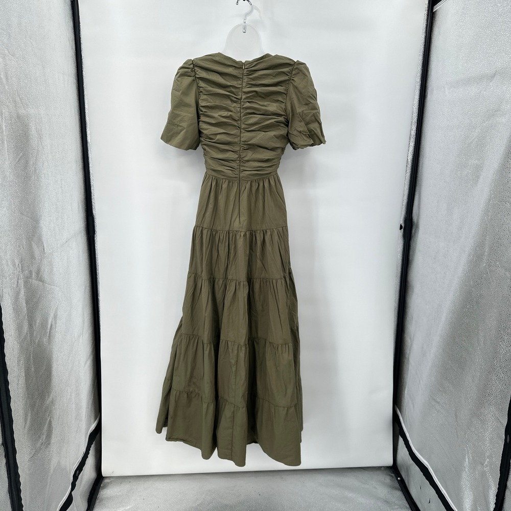 Olive Green Tiered Maxi Dress Small Cottagecore Prairie Boho Puff Sleeve Deep V - Picture 5 of 12